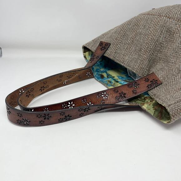 Y2K Handmade Reversible Tote Bag Brown Tweed Blue Flowers Buttons Leather Belt - Picture 10 of 14
